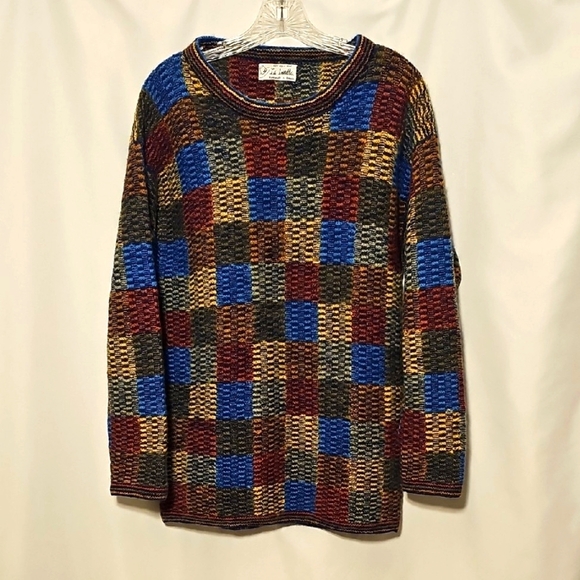 Vintage La Imilla Luxe Hand Knit 100% Alpaca Wool Colorful Checkered Sweater - Picture 1 of 8